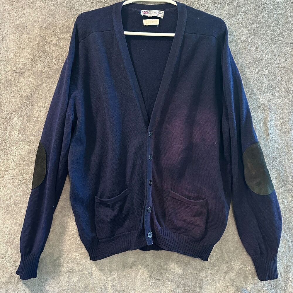 Vintage Scottish Lambswool Cardigan Sweater Suede Elbow Patches Faded Navy Large